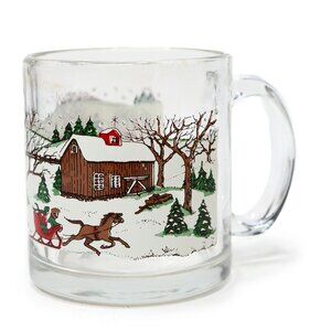 Vintage Libbey Winter Village Glass Coffee Christmas Mug Pine Trees Red Barn 90s